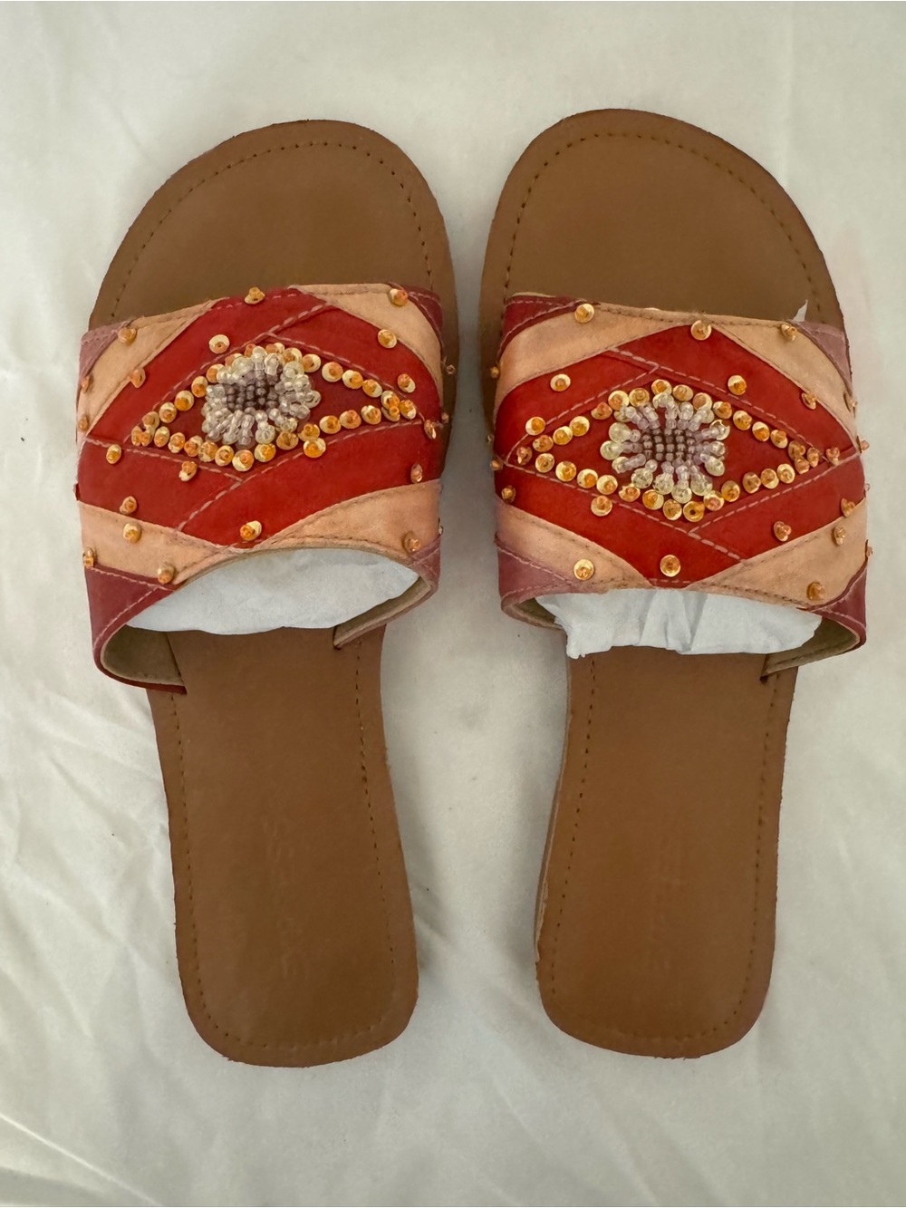 Express Red and Pink Beaded Slide Sandals